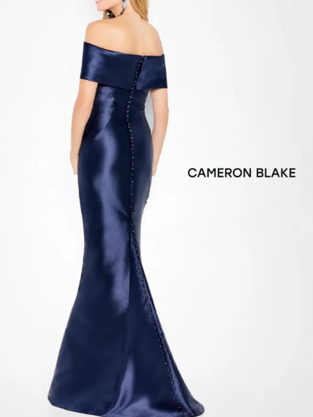 Cameron Blake Off-Shoulder Navy Satin Mermaid Gown